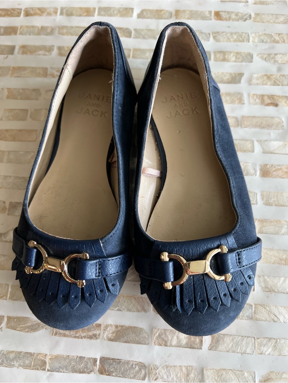 B12 Janie & Jack Blue Suede Fringe Flats Sz 10 Gold Buckle Accent
